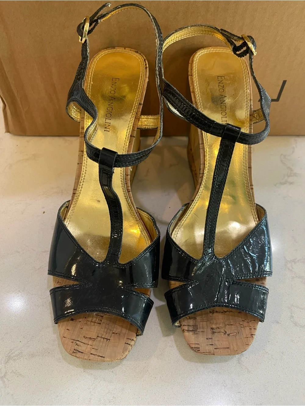 Enzo Angiolini Black Patent Leather T-Strap Bamboo Wedge Sandals Womens 11
